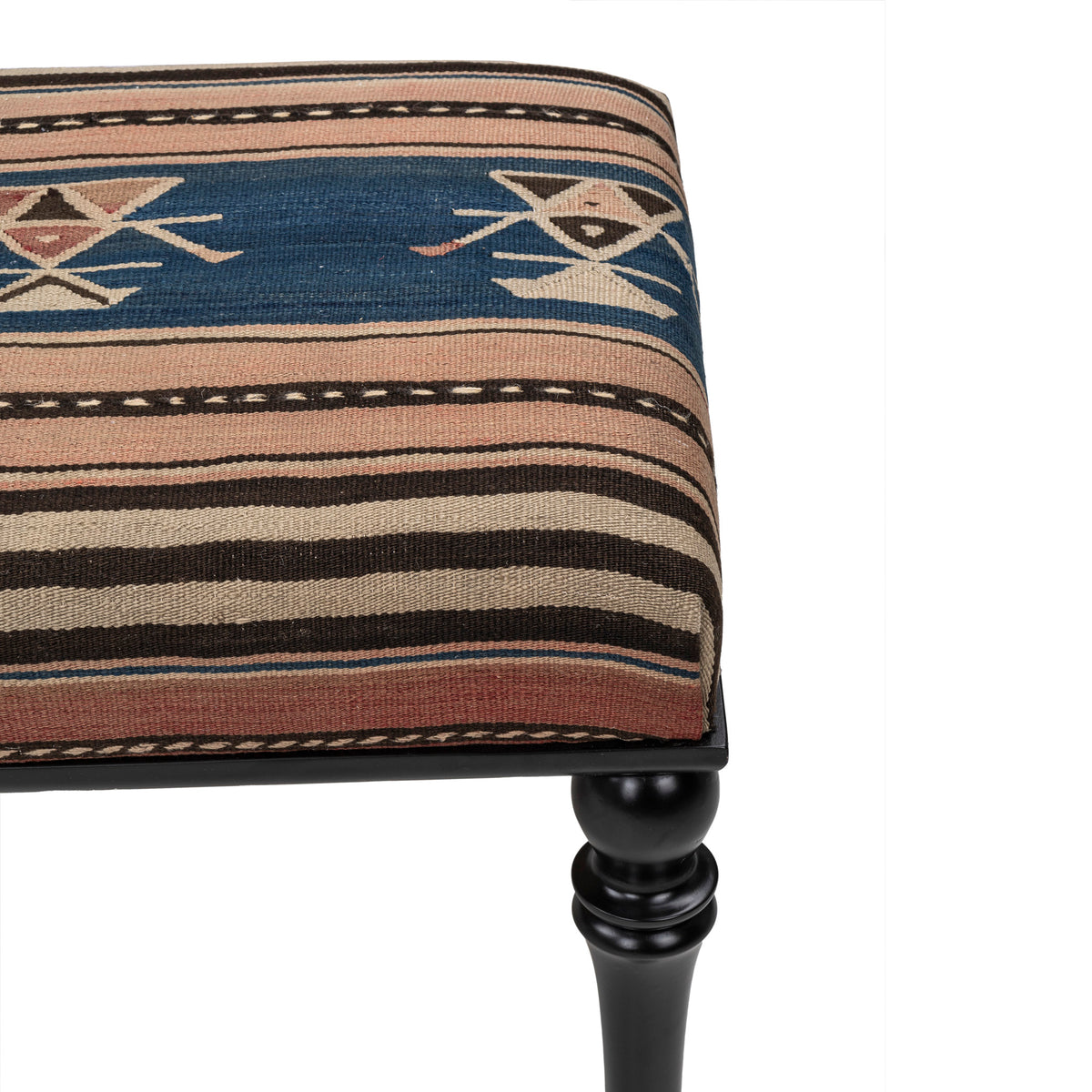 Turkish Vintage Kilim Upholstered Handmade Wooden Ottomans