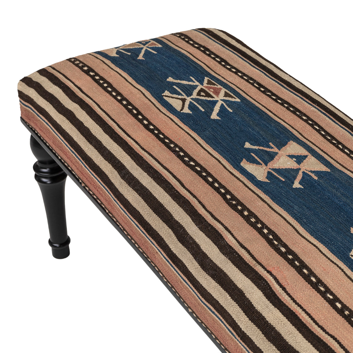 Turkish Vintage Kilim Upholstered Handmade Wooden Ottomans