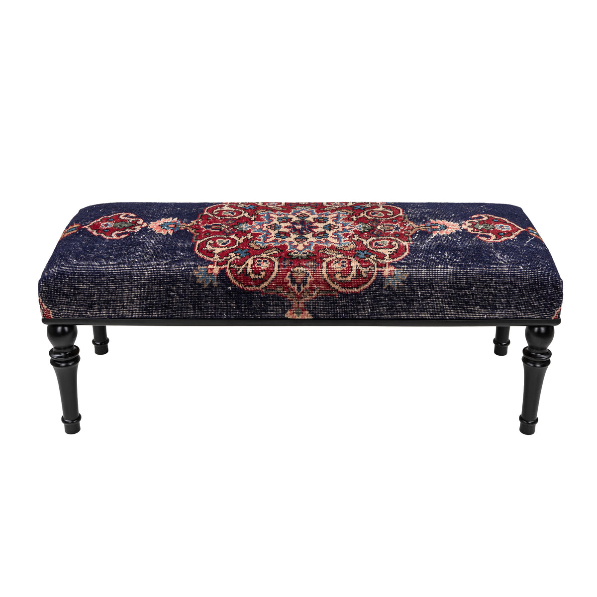 Vintage Red Blue Rug Upholstered Handmade Wooden Ottomans