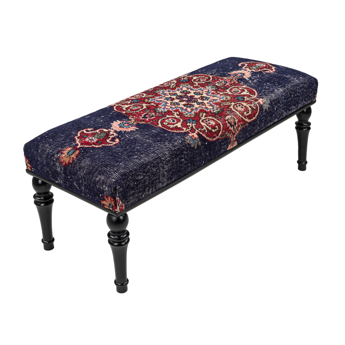 Vintage Red Blue Rug Upholstered Handmade Wooden Ottomans