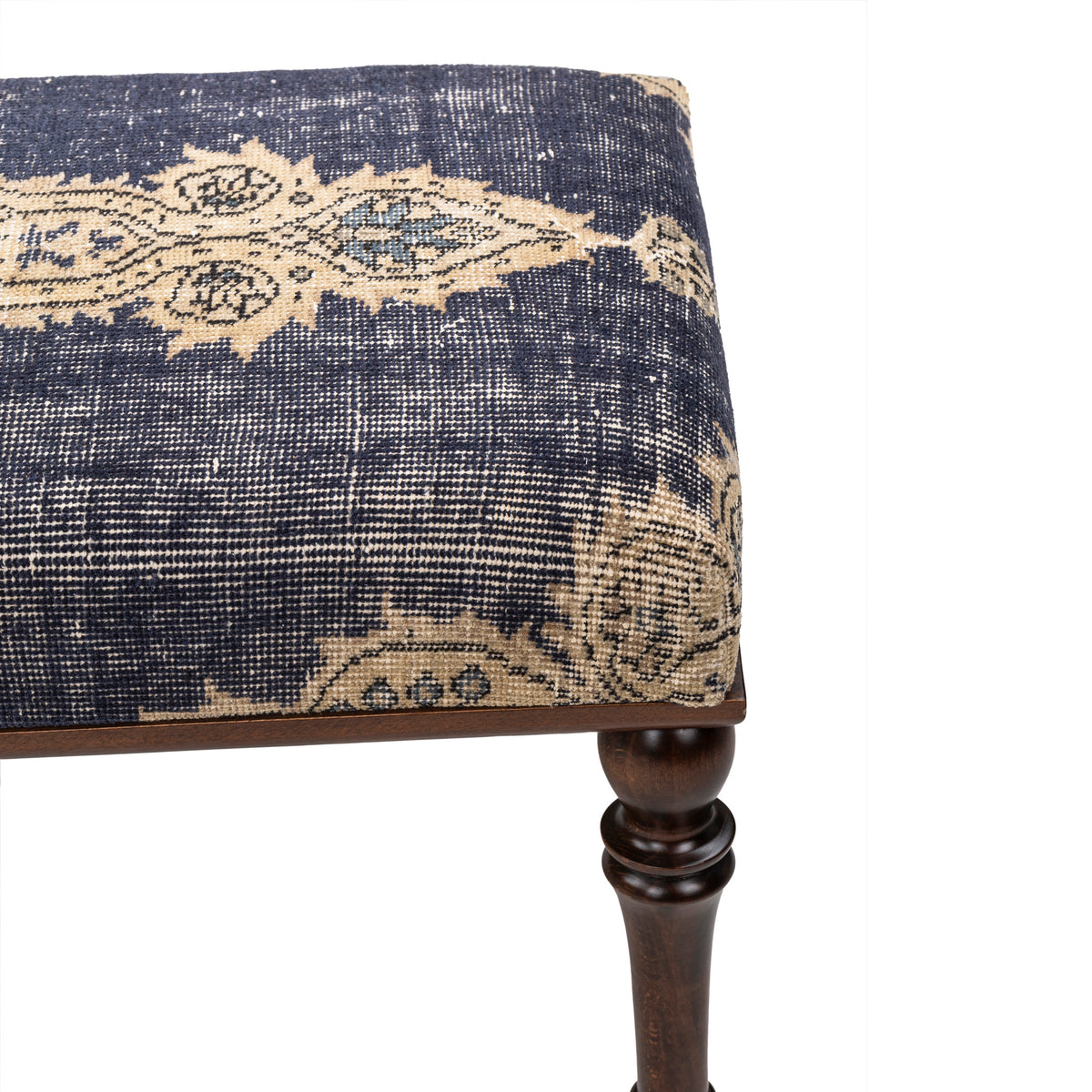 One-of-a-Kind Handmade Vintage Blue Rug Upholstered Ottoman Bench