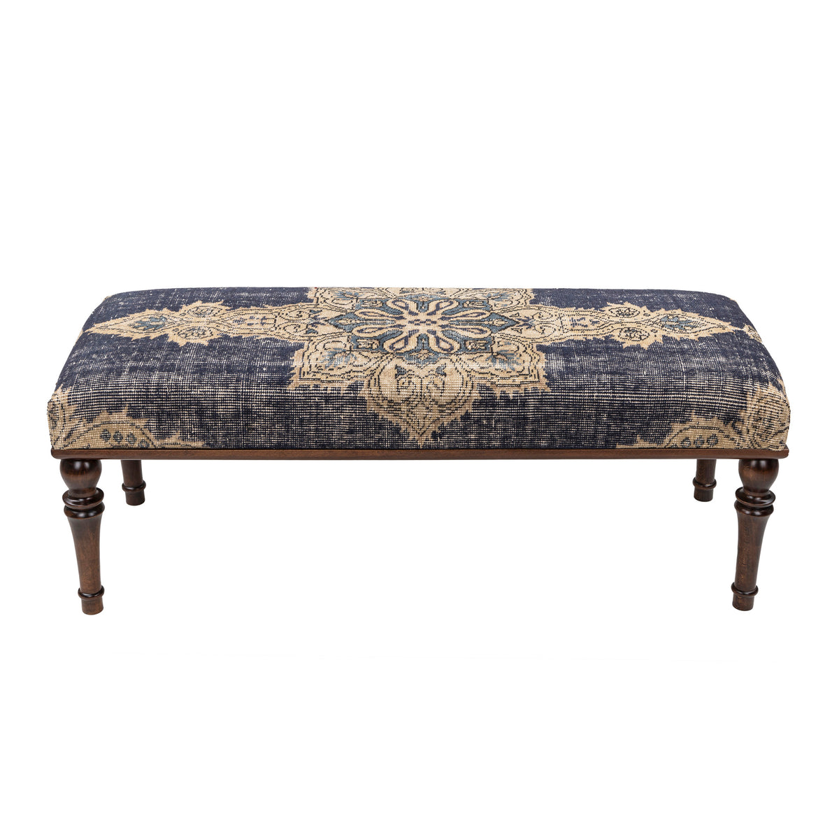 One-of-a-Kind Handmade Vintage Blue Rug Upholstered Ottoman Bench