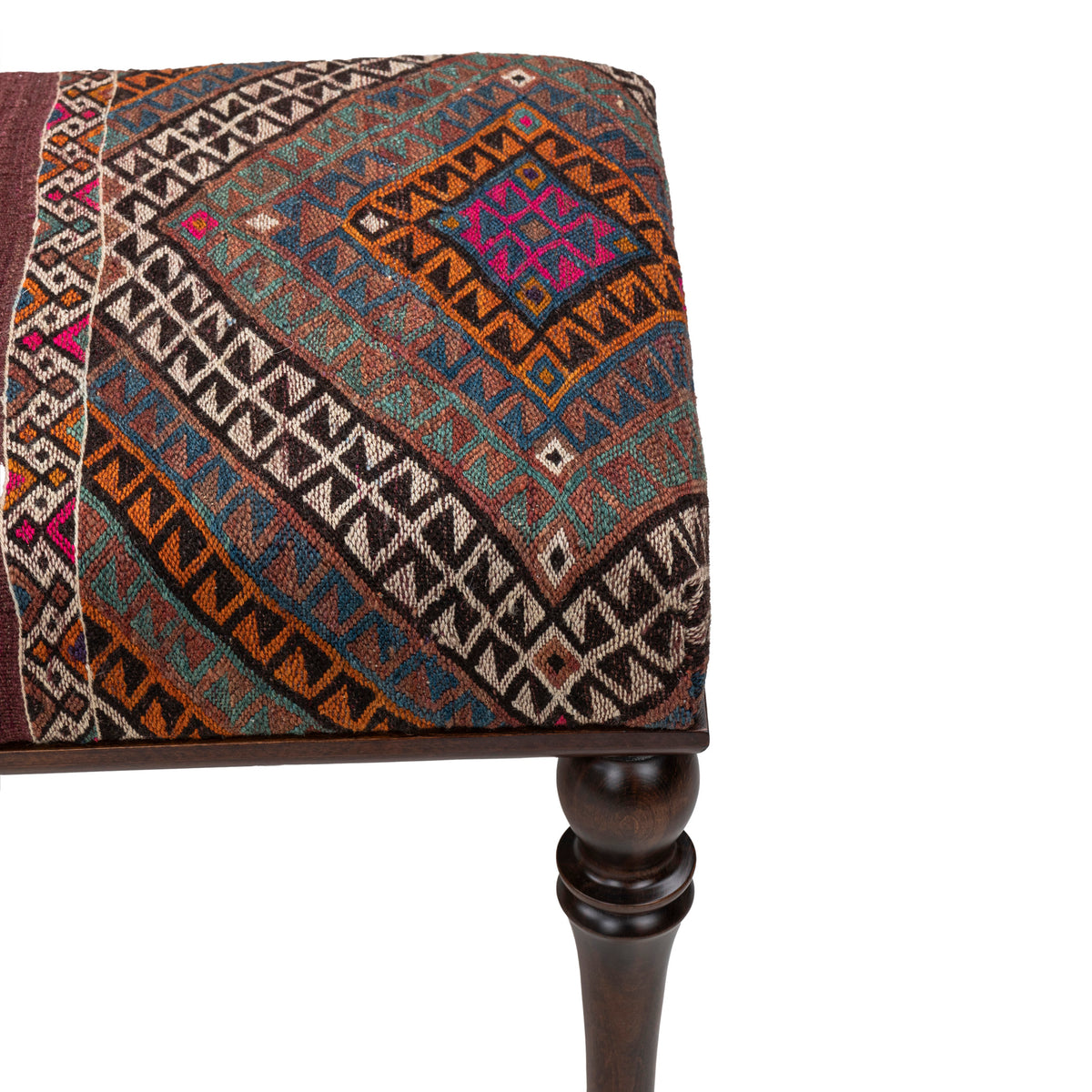 Handmade Vintage Kilim Upholstered Wooden Ottoman Bench