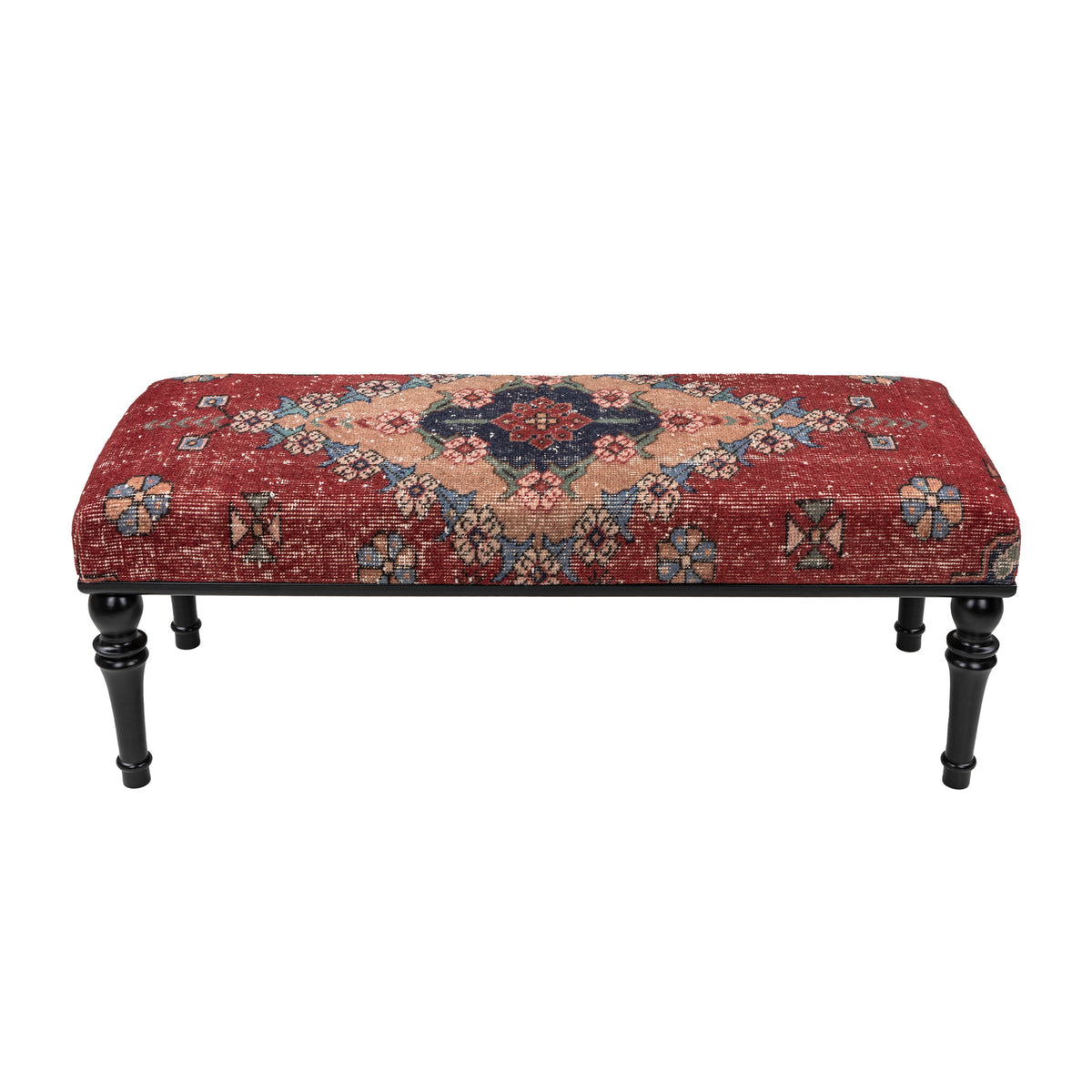 Handmade Vintage Red Rug Upholstered Ottoman Bench