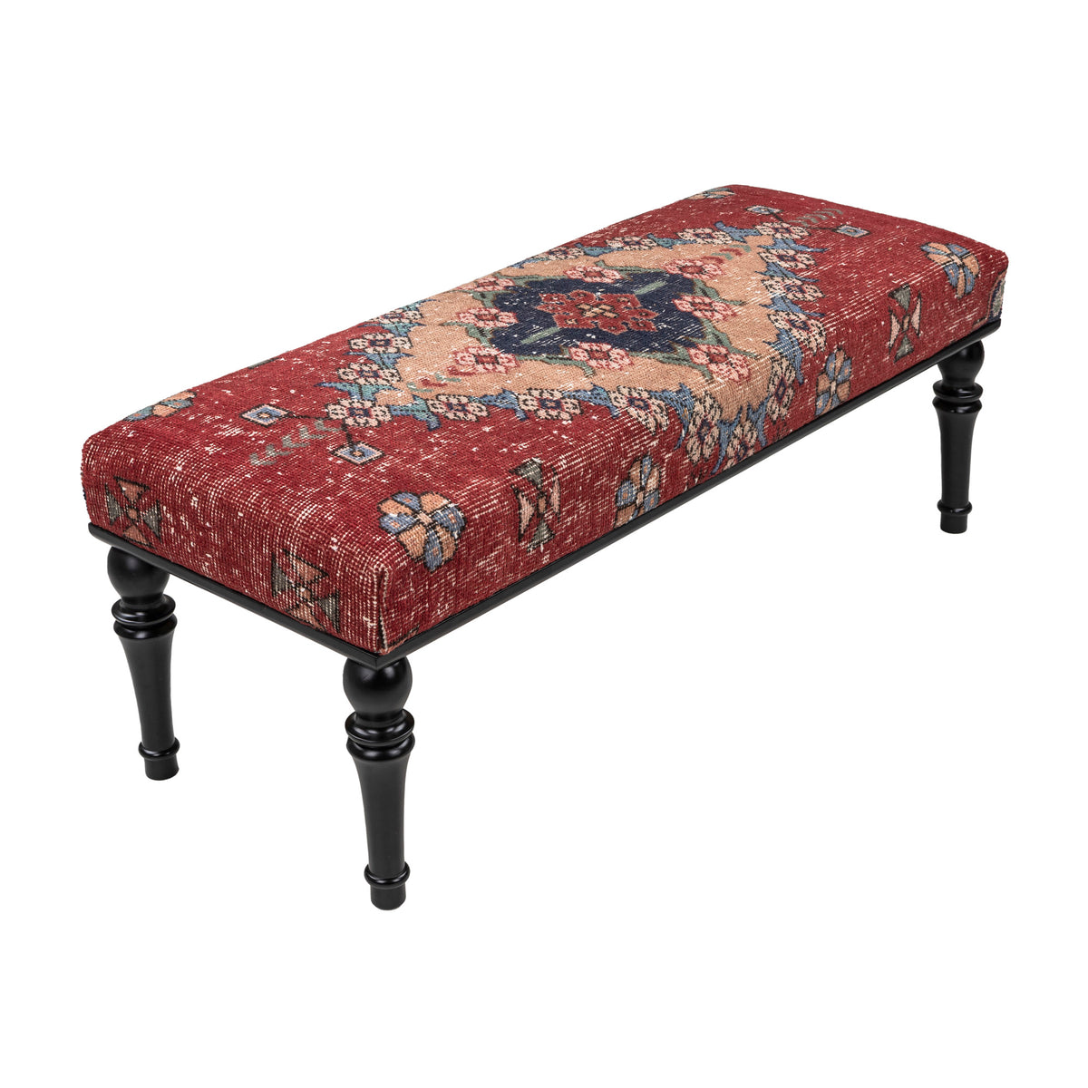 Handmade Vintage Red Rug Upholstered Ottoman Bench