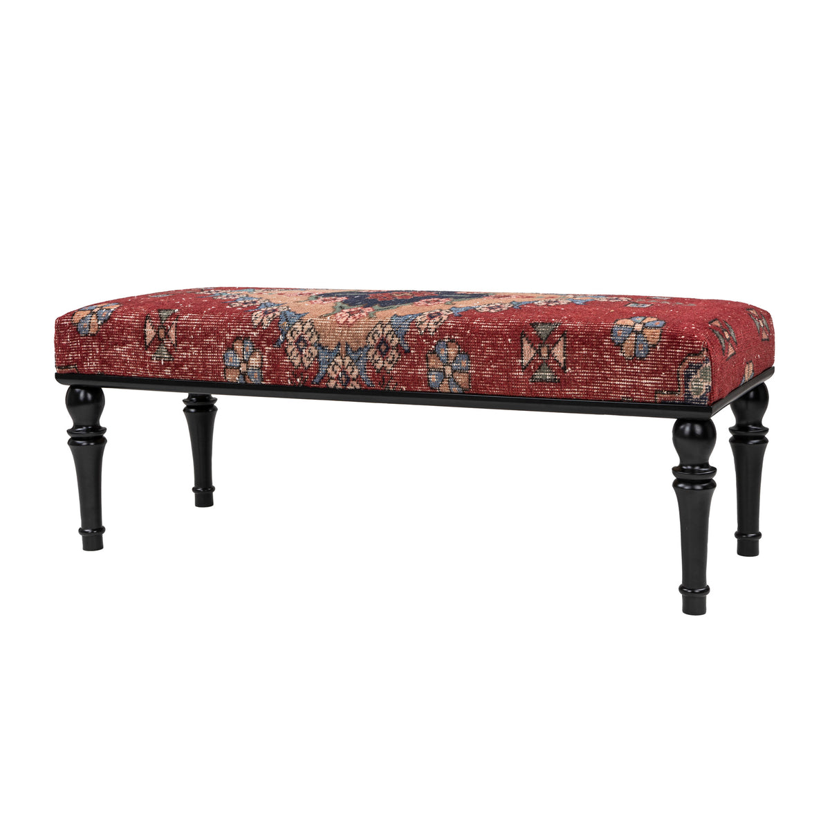 Handmade Vintage Red Rug Upholstered Ottoman Bench