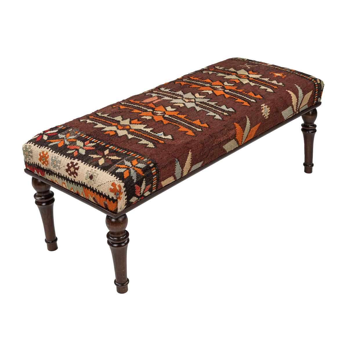 Handmade Vintage Kilim Upholstered Wooden Ottomans Benches