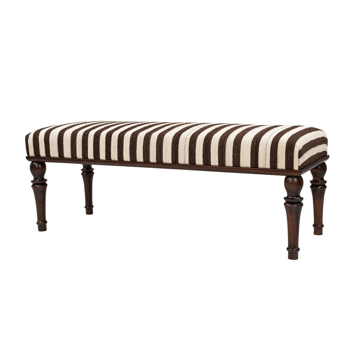 Neutral Striped Kilim Upholstered Bedroom - Entryway Wooden Bench