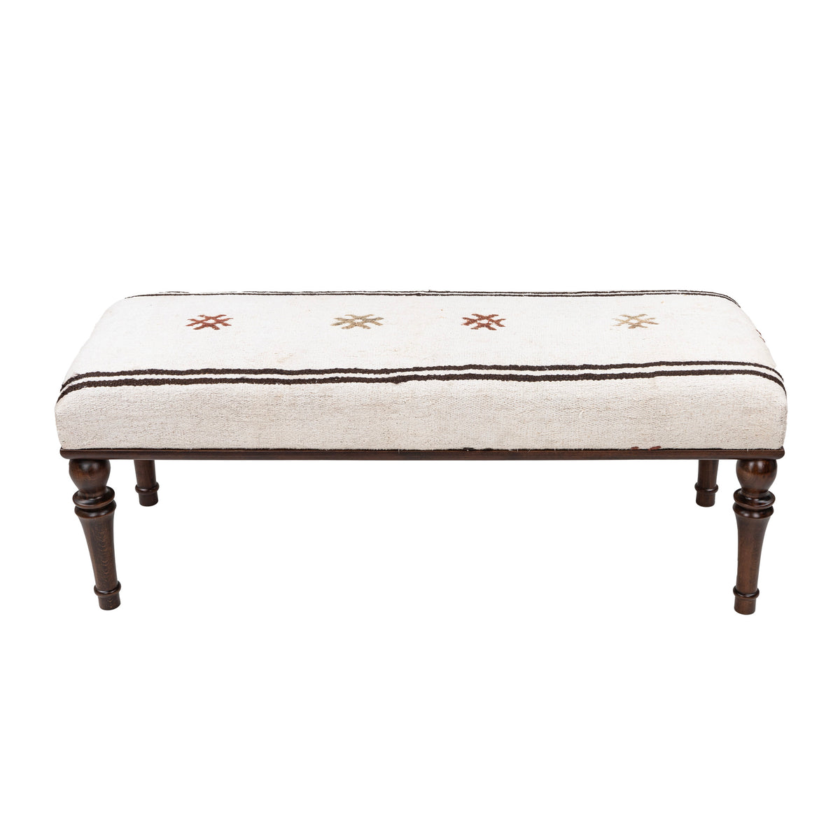 Neutral Vintage Kilim Upholstered Wooden Ottoman Bench