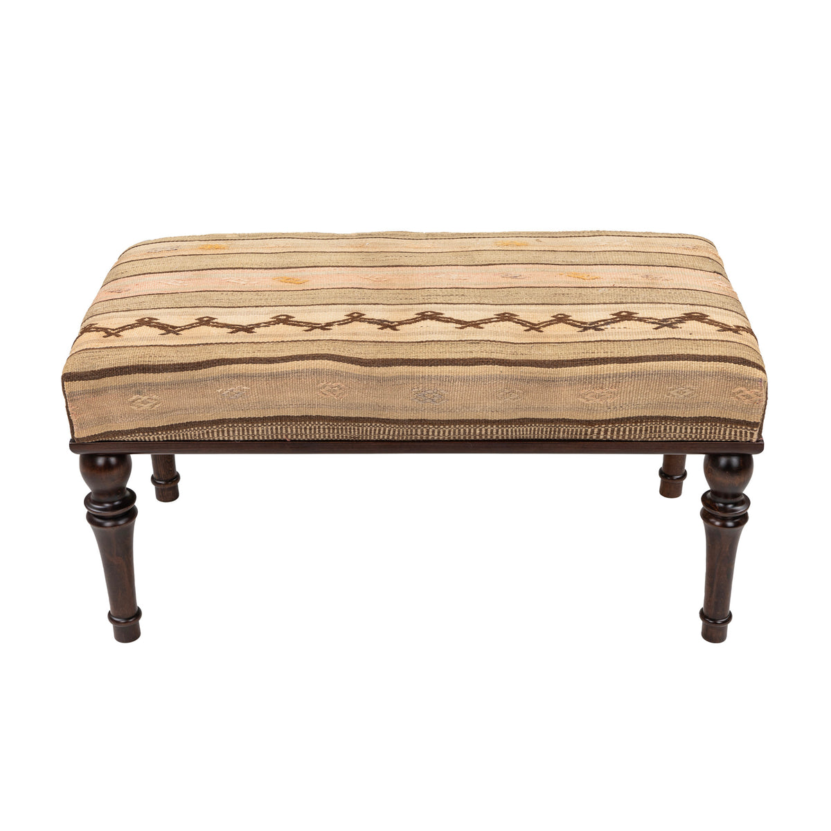 Upholstered Neutral Kilim Wooden Ottoman - Bench