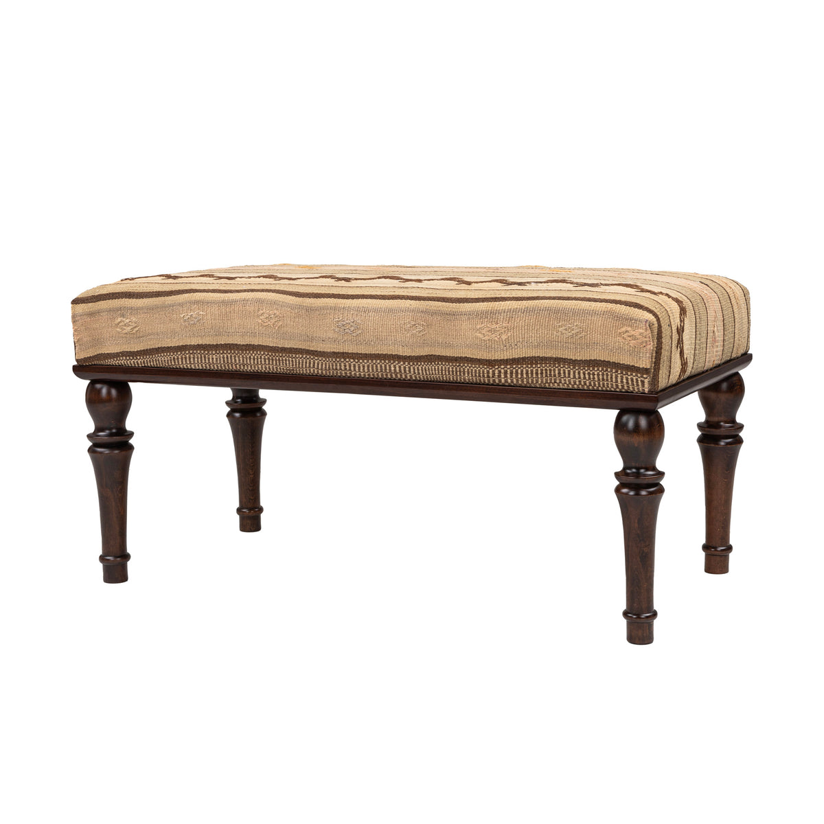 Upholstered Neutral Kilim Wooden Ottoman - Bench