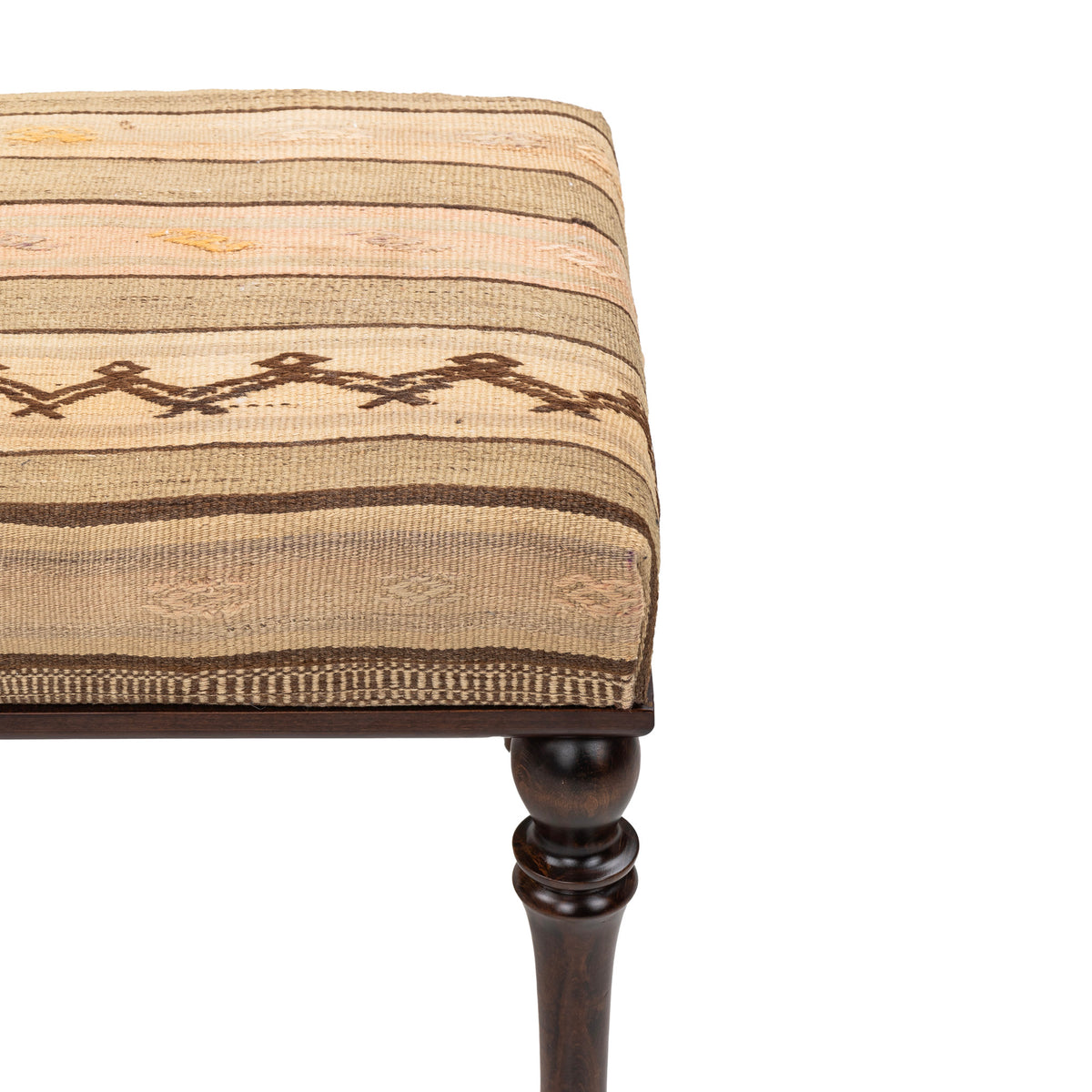 Upholstered Neutral Kilim Wooden Ottoman - Bench