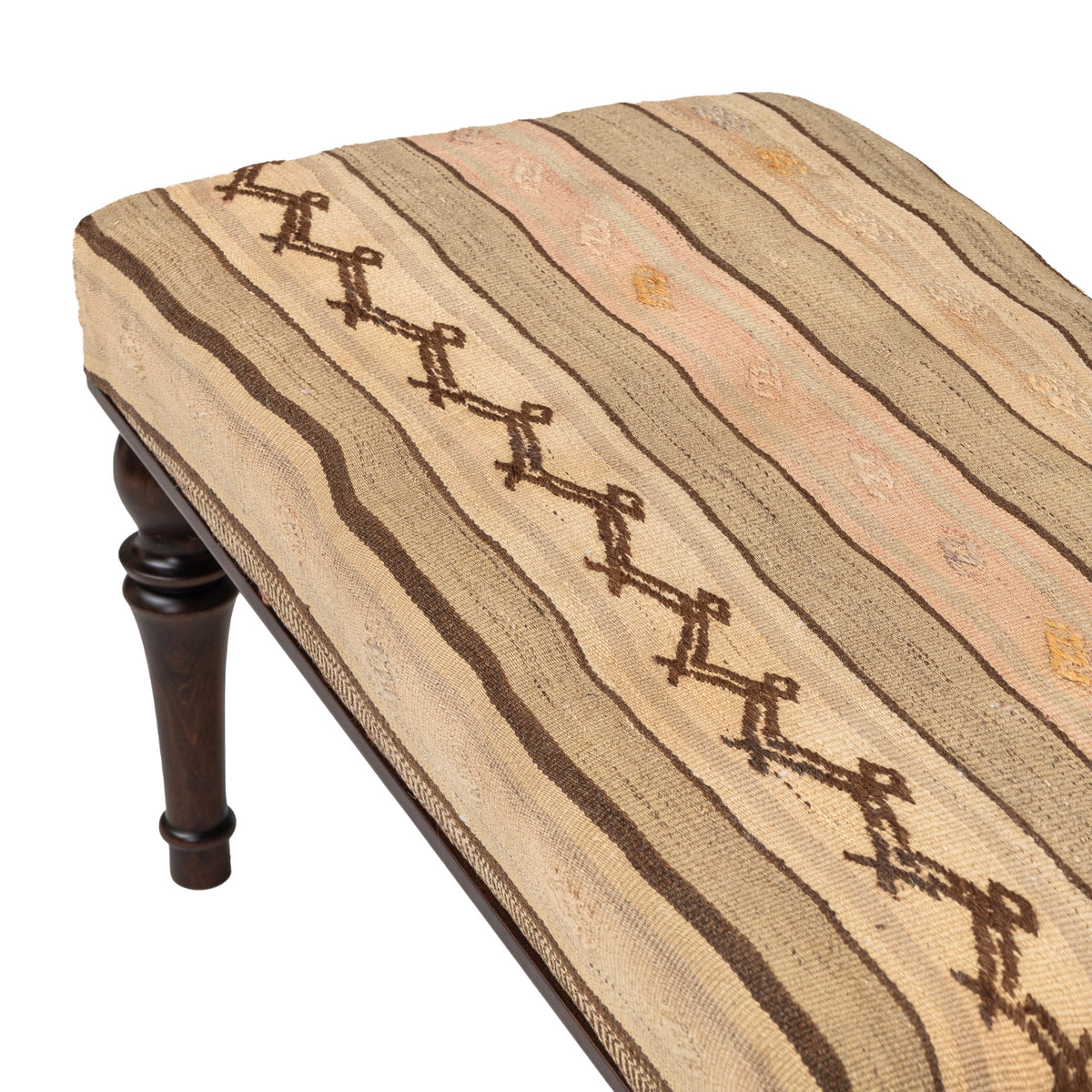 Upholstered Neutral Kilim Wooden Ottoman - Bench