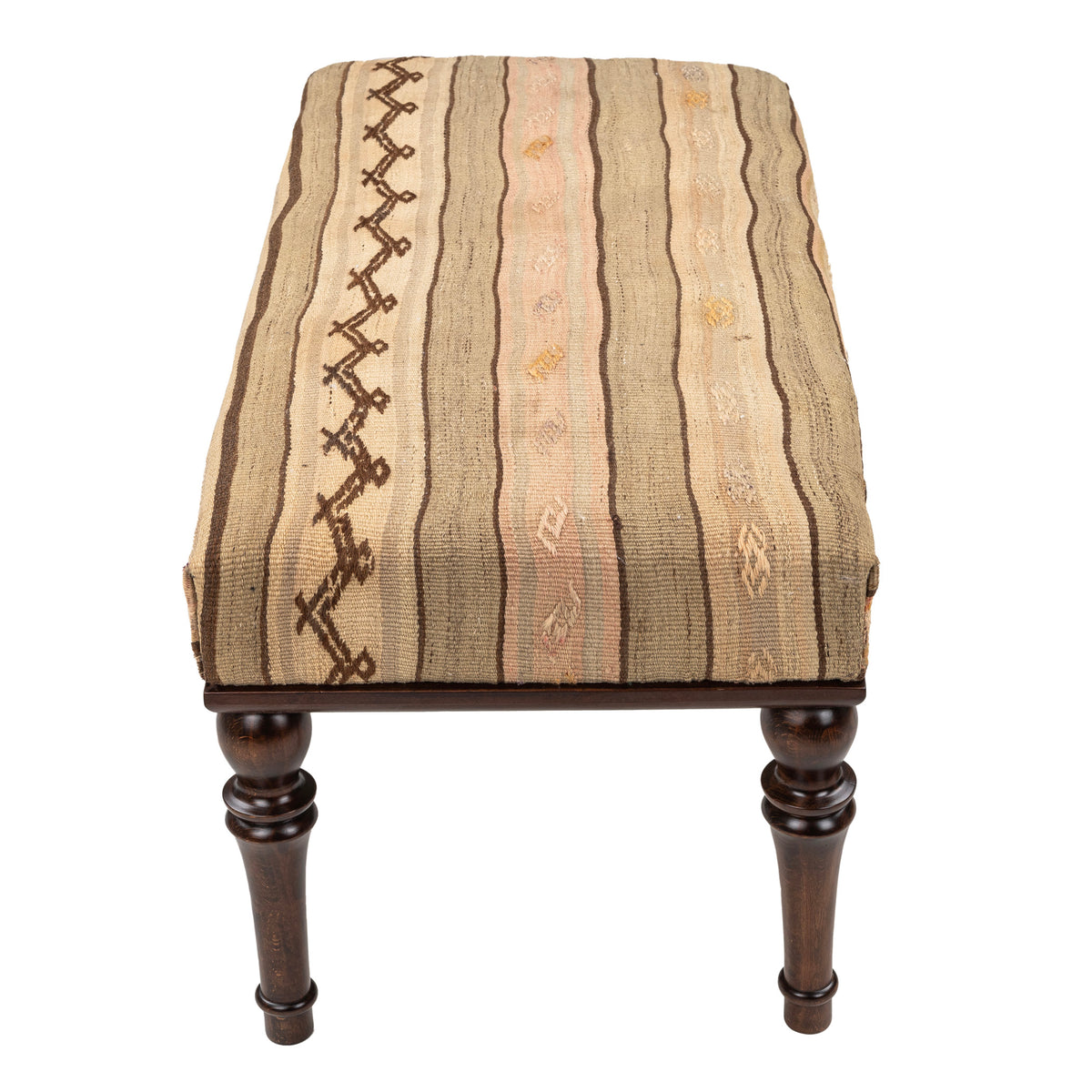 Upholstered Neutral Kilim Wooden Ottoman - Bench