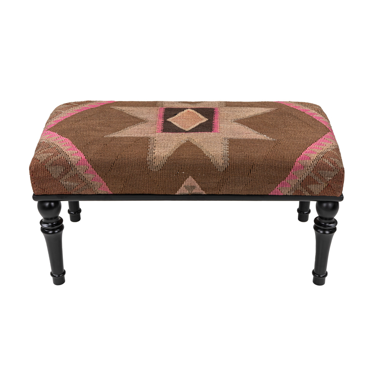 Upholstered Ethnic Brown Purple Kilim Wooden Ottoman - Bench