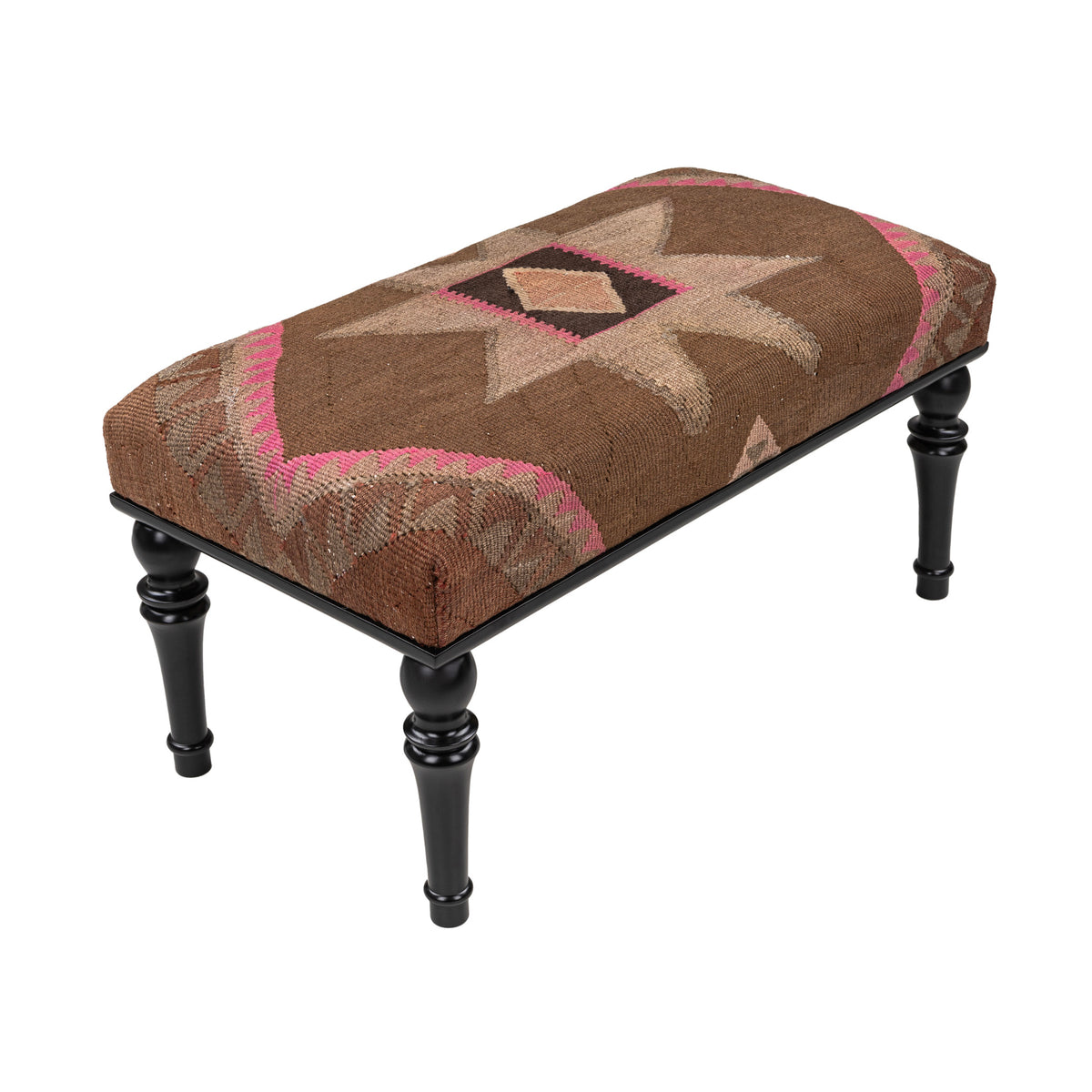 Upholstered Ethnic Brown Purple Kilim Wooden Ottoman - Bench