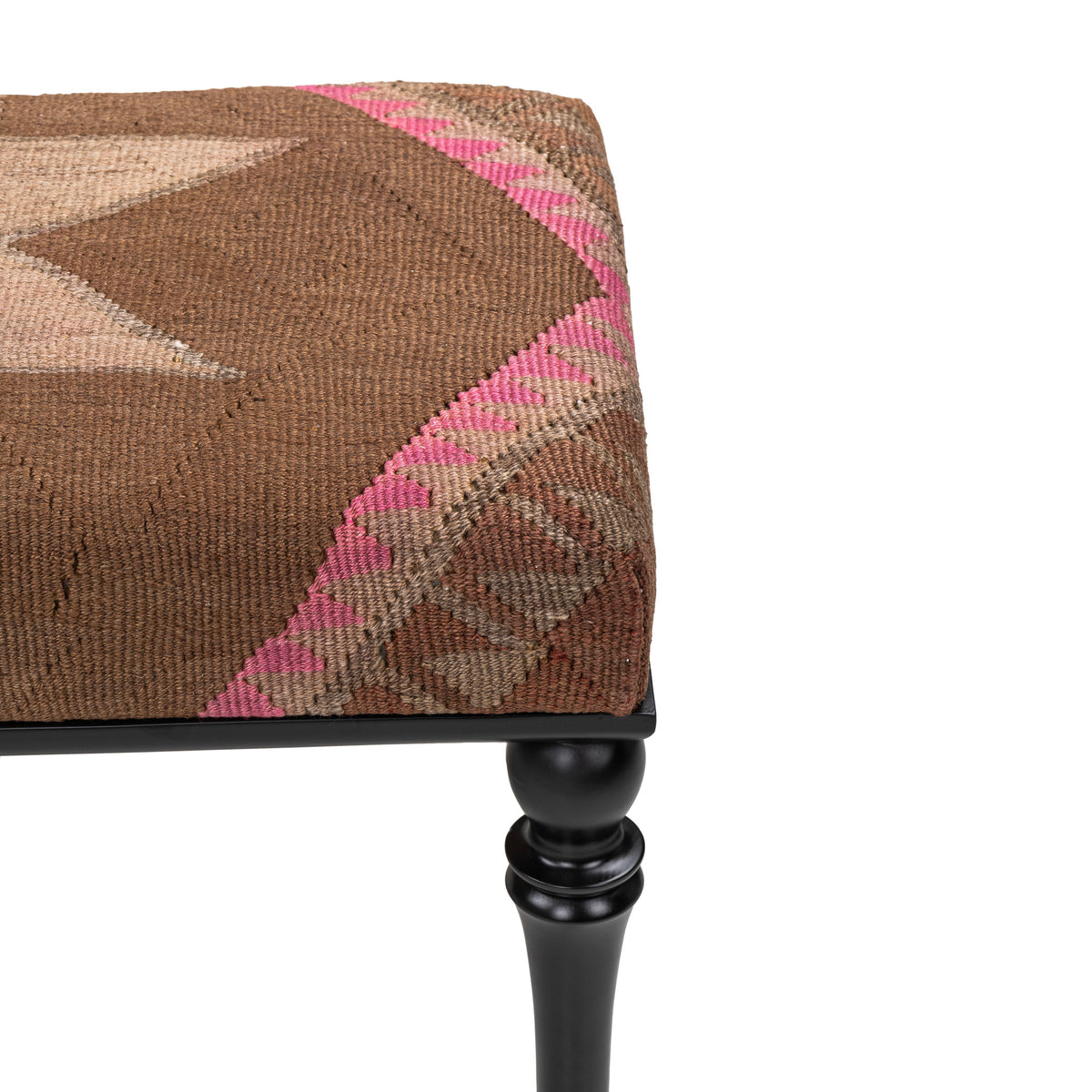 Upholstered Ethnic Brown Purple Kilim Wooden Ottoman - Bench