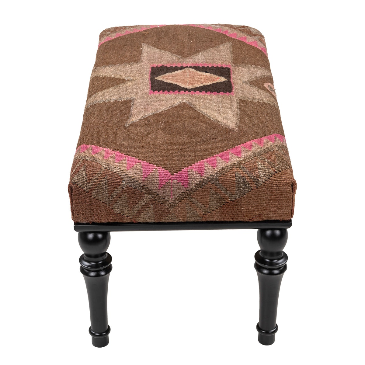 Upholstered Ethnic Brown Purple Kilim Wooden Ottoman - Bench