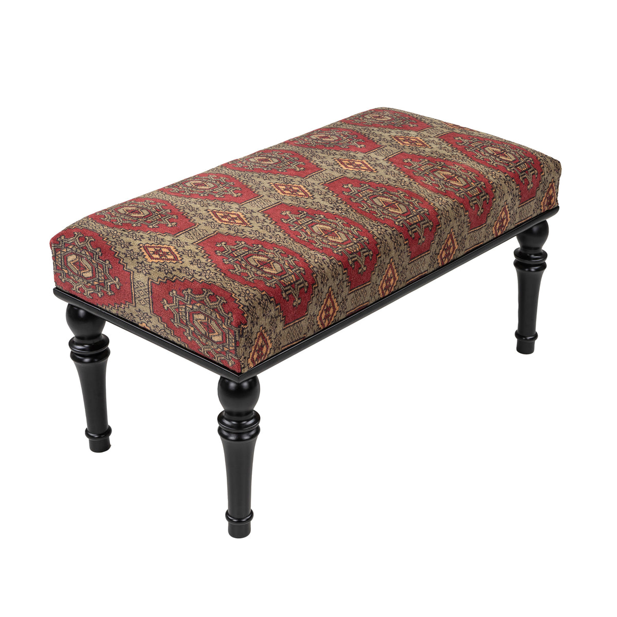 Handmade Upholstered Oriental Red Green Rug Wooden Ottoman - Bench