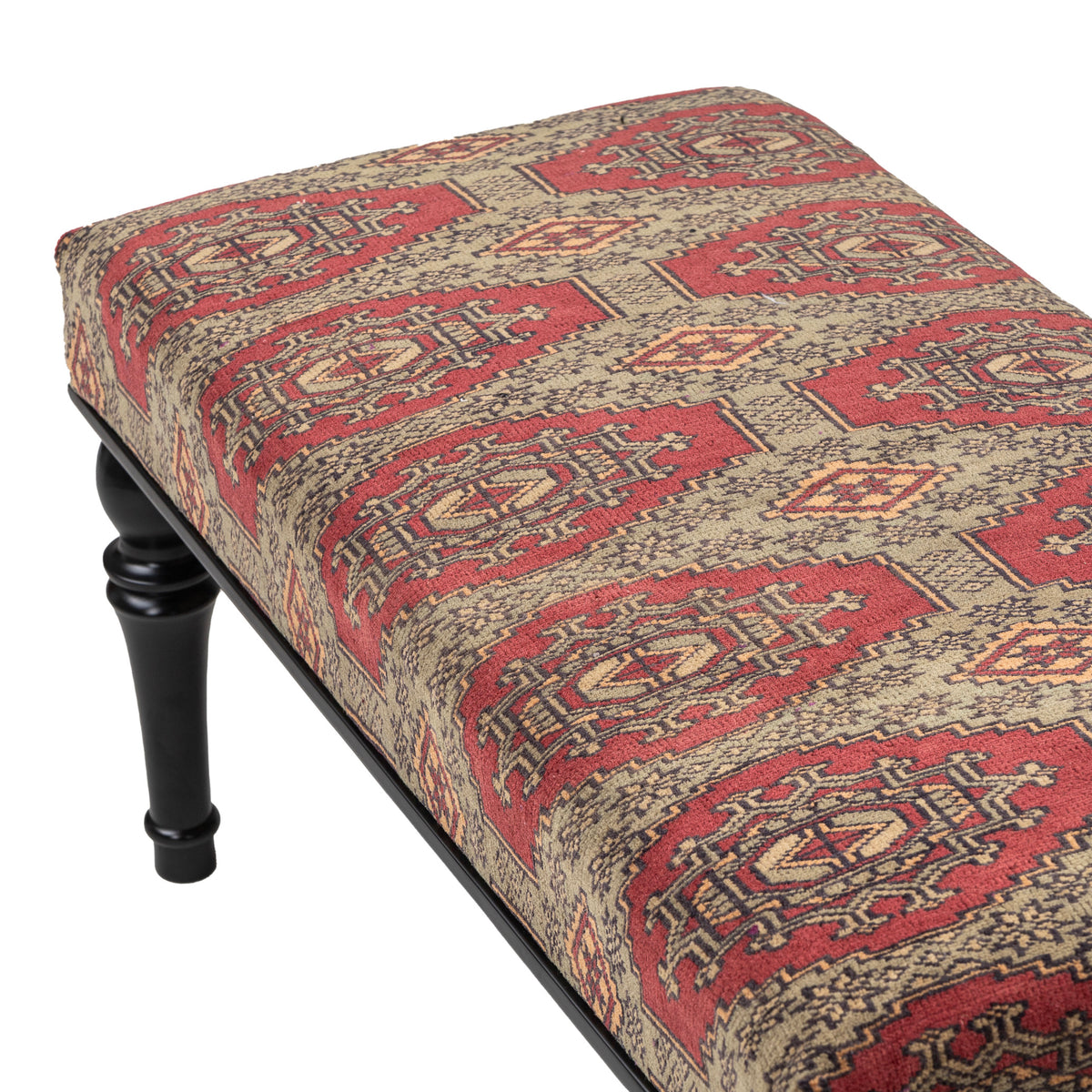 Handmade Upholstered Oriental Red Green Rug Wooden Ottoman - Bench