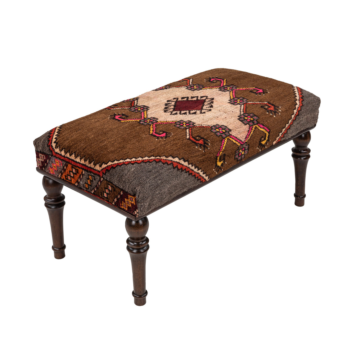 Handmade Upholstered Oriental Rug Wooden Ottoman - Bench