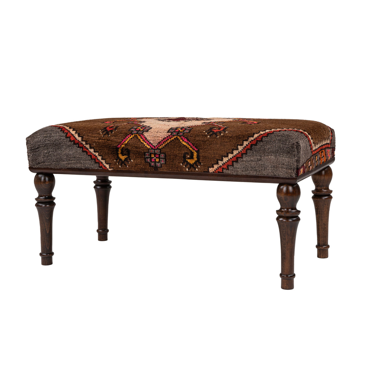 Handmade Upholstered Oriental Rug Wooden Ottoman - Bench