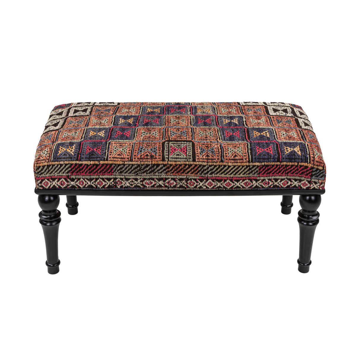 Handmade Upholstered Vintage Kilim Wooden Ottoman - Bench