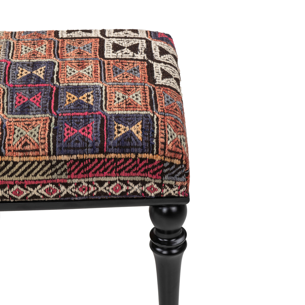 Handmade Upholstered Vintage Kilim Wooden Ottoman - Bench