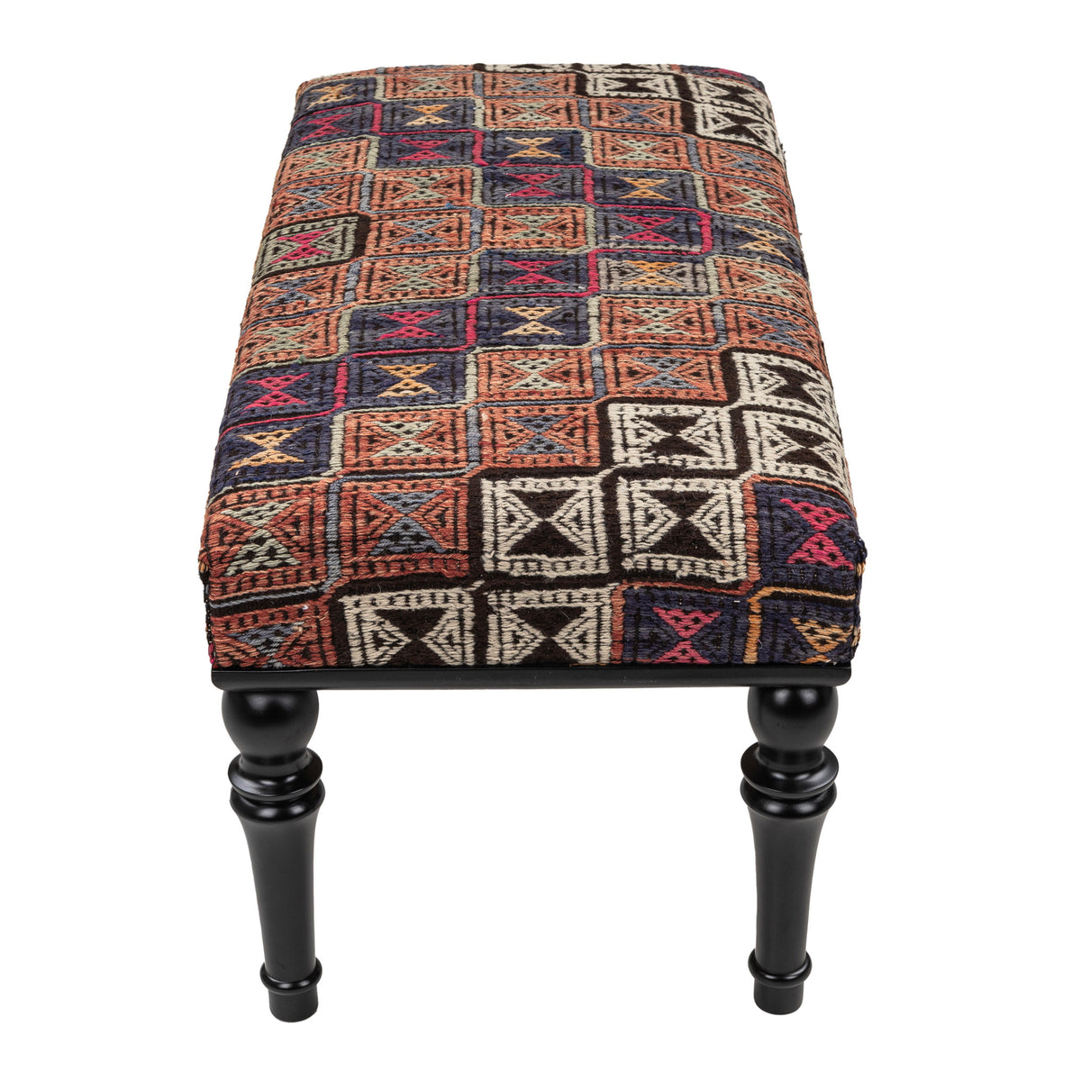 Handmade Upholstered Vintage Kilim Wooden Ottoman - Bench