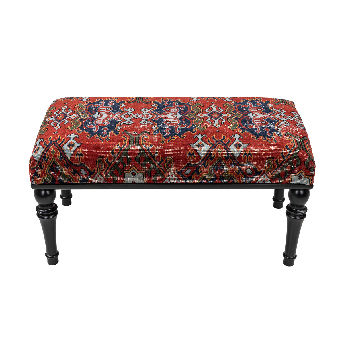 Handmade Upholstered Vintage Red Blue Rug Ottoman - Bench