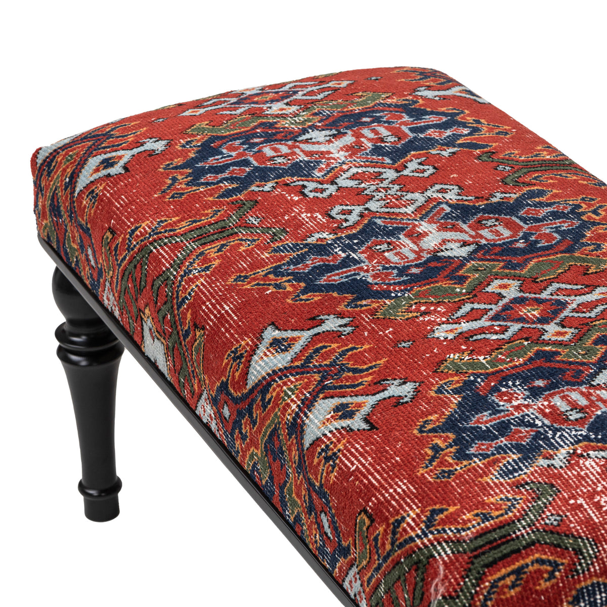 Handmade Upholstered Vintage Red Blue Rug Ottoman - Bench