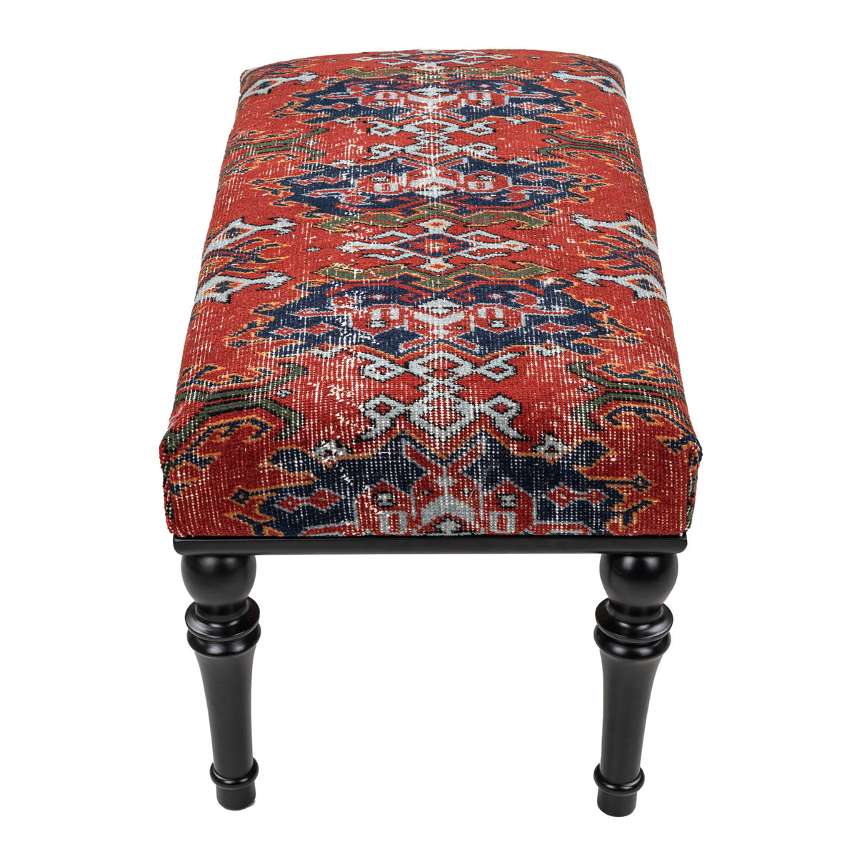 Handmade Upholstered Vintage Red Blue Rug Ottoman - Bench