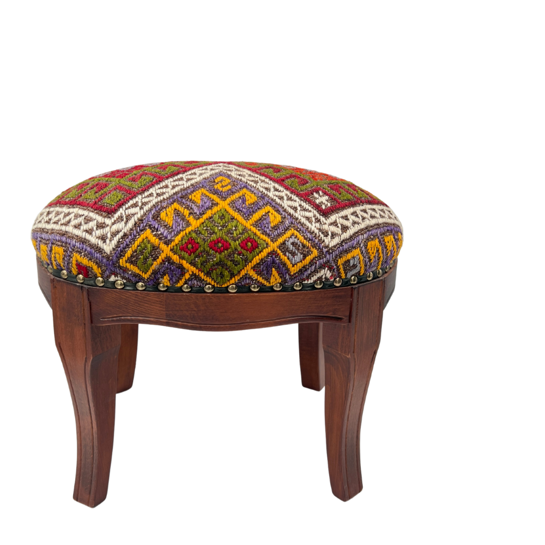 Handmade Vintage Kilim Upholstered Wooden Footstool