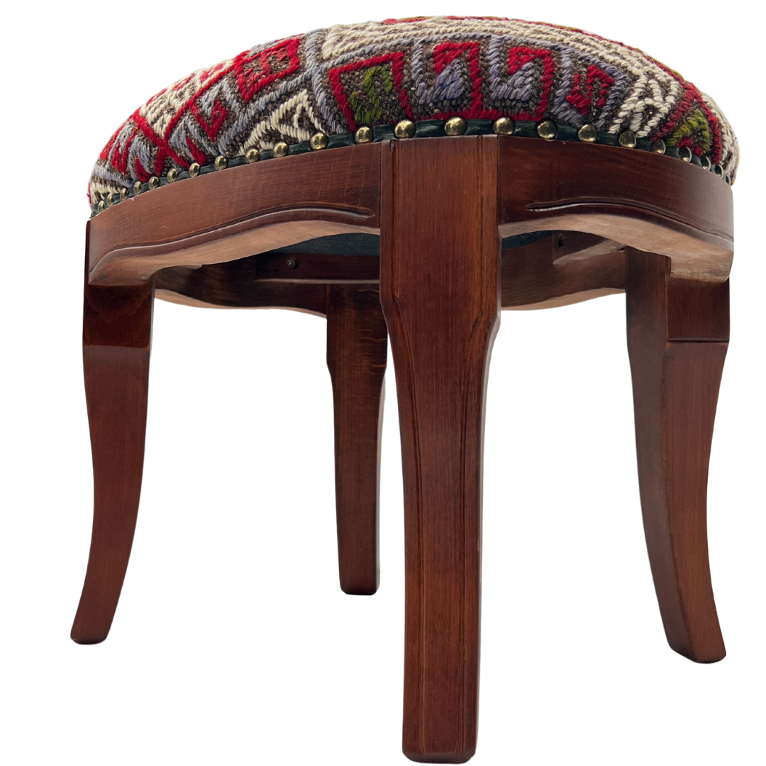 Handmade Vintage Kilim Upholstered Wooden Footstool