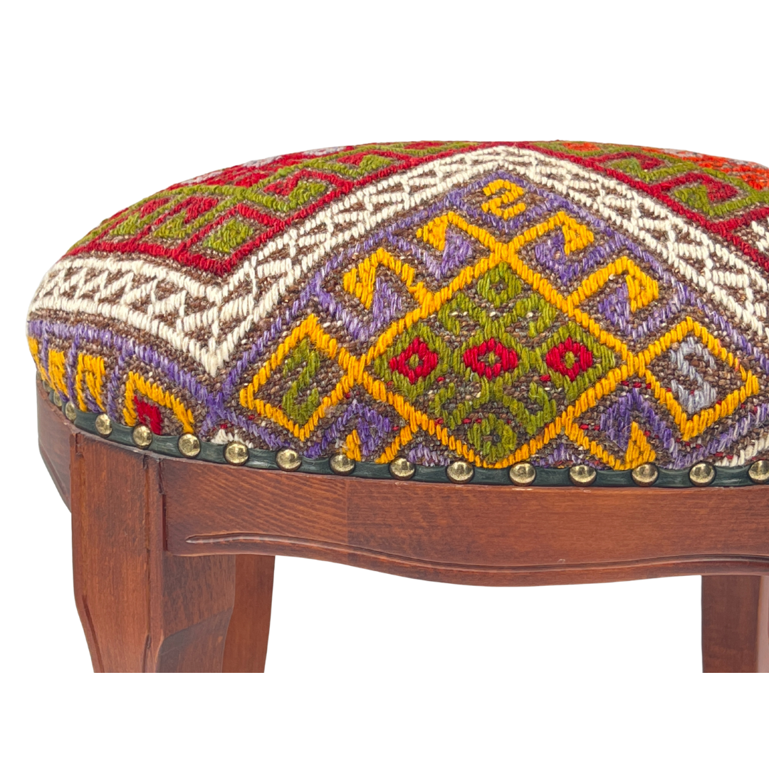 Handmade Vintage Kilim Upholstered Wooden Footstool